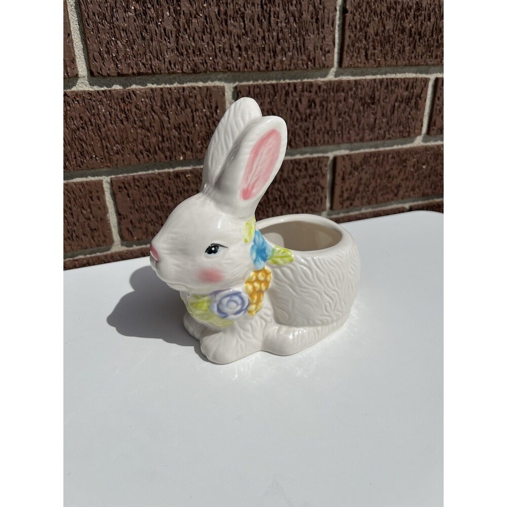 Vintage Ceramic White Bunny Rabbit Planter  Small Indoor House Plant Pots Easter